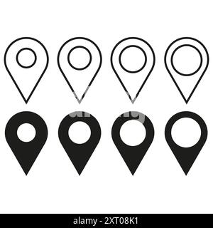 Symbole für die PIN-Position. Kontur und Volumenkörper. Schwarz-weiß. Vektorsymbole. Stock Vektor