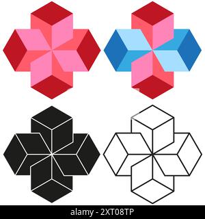 Set von geometrischen Blumensymbolen. Vier verschiedene Würfeldesigns. Abstrakte Vektorillustration. Stock Vektor