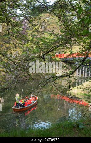 Traditionelle Bootsfahrten auf der Burg Hirosaki und den Gärten während des Kirschblütenfestes 2024 Stockfoto