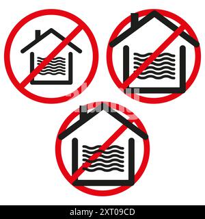 Kein Flutsymbol. Roter Kreis mit Schlitz über Haus mit Wasserwellen. Verbotszeichen. Stock Vektor