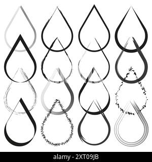 Dekorative Tropfensymbole. 16 verschiedene Tropfendesigns. Abstrakter Schwarz-weiß-Vektor. Stock Vektor