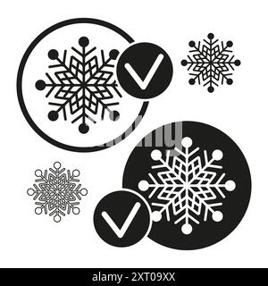 Schneeflocken-Symbole mit Häkchen. Schwarz-weiße Wintersymbole. Minimalistische Vektorkunst. Stock Vektor