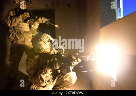 Reservisten der britischen Armee des 3. Bataillons, Royal Anglian Regiment, bekannt als „The Steelbacks“, führen während der Übung Northern Strike 24-2 einen simulierten nächtlichen Angriff auf Unternehmensebene in der Combined Armed Collective Training Facility, Camp Grayling, Michigan, am 12. August 2024 durch. Northern Strike 24-2, eine der größten Vorbereitungsübungen für Reservekomponenten des Verteidigungsministeriums, soll vom 3. Bis 17. August 2024 im National All Domain Warfight Center (NADWC) in Michigan stattfinden. Über 6.300 Teilnehmer aus 32 staaten und Gebieten und mehrere internationale Teilnehmer Stockfoto