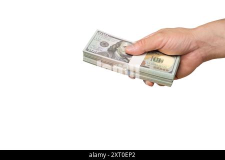 Männer geben Dollarscheine in der Hand auf weißem Hintergrund. Spendenkonzept. Stockfoto