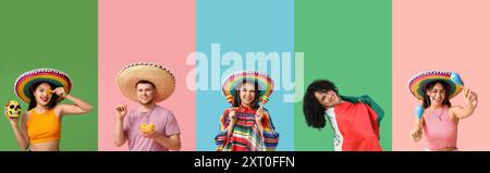 Set von vielen mexikanischen Leuten auf farbigem Hintergrund Stockfoto