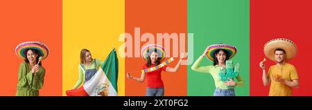 Set von vielen mexikanischen Leuten auf farbigem Hintergrund Stockfoto