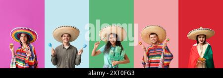 Set von vielen mexikanischen Leuten auf farbigem Hintergrund Stockfoto