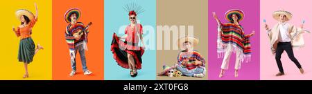 Set von vielen mexikanischen Leuten auf farbigem Hintergrund Stockfoto