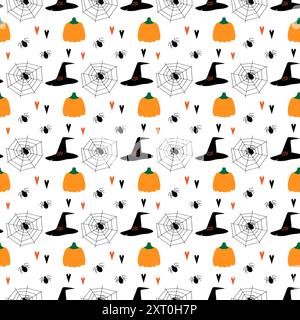 Halloween nahtloses Muster mit Kürbissen, Spinnweben, Spinnen und dekorativen Herzen in trendigen Farben. Vektorillustration isoliert auf weiß. Idee zur Textur von Verpackungen, Hintergrundbildern, Verpackungen oder Webhintergründen Stock Vektor