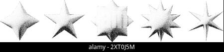 Schwarz gestreifte Sterne. 3D-Kollektion mit strukturierten Flares und Glitzern. Rastermaß, körniges Rauschen, starburstförmiges Bündel. Dotwork Grunge Sternchen und Sternenelemente. Vektorpaket Stock Vektor