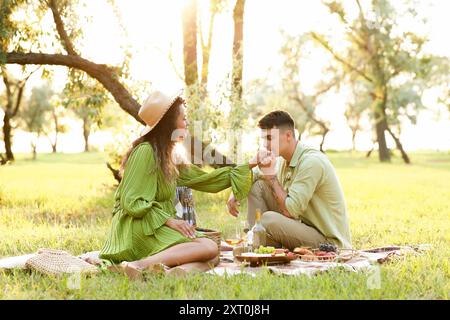 Der Freund küsst die Hand seiner Freundin auf einem romantischen Picknick im Park Stockfoto