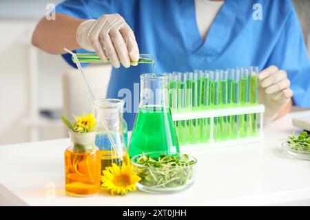 Wissenschaftlerin mit Sonnenblumensprossen, Kolben und Reagenzgläsern von Laborproben, Nahaufnahme Stockfoto