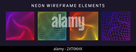 Bunte Drahtmodellformen, gefüttertes perspektivisches Netz, 3D-Raster. Geometrische Elemente mit niedrigem Poly. Futuristische Retro-Designelemente, y2k, Vaporwave und Stock Vektor