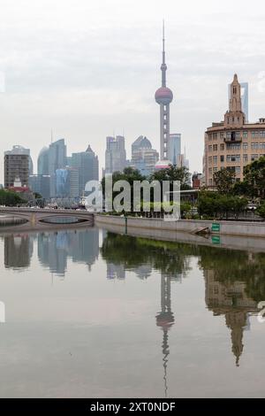 Blick auf die Wolkenkratzer von Bund. Pudong, Shanghai, China. Stockfoto