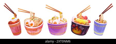 Nudel mit Stäbchen in Pappbecher und Schüssel. Cartoon Vektor Illustration Set von Instant Ramen Spaghetti mit köstlichen appetitlichen Zutaten - Eier und Fleisch, Pilze und Gemüse, Gewürze. Stock Vektor