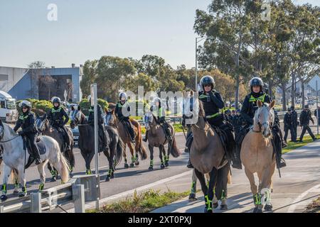 Melbourne, Australien. August 2024. Die Polizisten wurden während der Demonstration auf der Straße gesehen. Pro-Palästina-Demonstranten versammelten sich zu einer Demonstration vor Einem W. Bell in Dandenong South Melbourne, ein Unternehmen, das Teile für Israel herstellt. Die Demonstration dauerte fast 5 Stunden, sie endete, nachdem sie auf Anweisung der Polizei einen Zug erhielten und in der Unterzahl waren. Die Arbeiter von A.W.Bell konnten ihre Schicht beginnen, als die Polizei eine Barriere gegen die Demonstranten schuf. Quelle: SOPA Images Limited/Alamy Live News Stockfoto