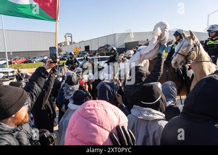 Melbourne, Australien. August 2024. Demonstranten rufen die Polizisten während der Demonstration an. Pro-Palästina-Demonstranten versammelten sich zu einer Demonstration vor Einem W. Bell in Dandenong South Melbourne, ein Unternehmen, das Teile für Israel herstellt. Die Demonstration dauerte fast 5 Stunden, sie endete, nachdem sie auf Anweisung der Polizei einen Zug erhielten und in der Unterzahl waren. Die Arbeiter von A.W.Bell konnten ihre Schicht beginnen, als die Polizei eine Barriere gegen die Demonstranten schuf. Quelle: SOPA Images Limited/Alamy Live News Stockfoto