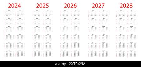 Kalender 2024, 2025, 2026, 2027 und 2028 Jahre. Vektorabbildung. Einfache Vorlage Stock Vektor