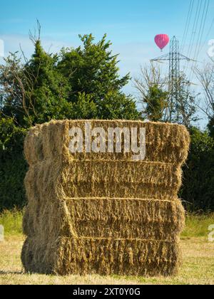 Es ist kurz nach der Erntezeit. Dieser riesige Heuhaufen, der in einem Maisfeld direkt außerhalb meines Heimatdorfes Radley, Oxfordshire, gesehen wurde, scheint seinen Namen überschritten zu haben; vielleicht könnte dieses imposante Gebäude als „Heuhochhaus“ oder „Heukratzer“ bezeichnet werden...? Es steht im Kontrast zu den allgegenwärtigen Strommasten, die diesen ländlichen Teil von Oxfordshire bedecken. In der Zwischenzeit schwebt an diesem schönen und sonnigen Morgen ein Heißluftballon vorbei. Stockfoto