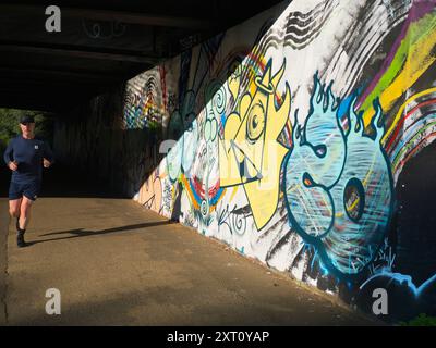 Kontraste. Dieses Bild von Graffiti an der Themse in der Nähe von Oxford zeigt nicht den Verkehr, der Tag und Nacht auf der Brücke vorbeifließt und den verstopften Eastern Bypass über den Fluss trägt. Der vorbeifahrende Jogger scheint auch nicht zu belästigt zu sein... Stockfoto