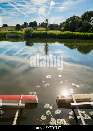 Das 1921 gegründete Radley Boathouse befindet sich an einem wunderschönen Teil der Themse in Oxfordshire und dient seit über einem Jahrhundert Radley College und lokalen Ruderfreunden. Wenn Sie auf dem Steg stehen und auf das Nordufer des Flusses blicken, sehen Sie einen isolierten und ziemlich schönen Baum, der Charakter und Aussehen im Laufe des Jahres zu verändern scheint. Hier sehen wir es an einem schönen und sonnigen Sommermorgen, mit den allgegenwärtigen Vergnügungskatamaranen des Bootshauses im Vordergrund. Das rote Malteserkreuz ist das Emblem des College Boot Club. Stockfoto