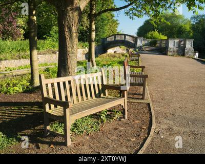 Der Thames Path Walkway ist eine Strecke, die häufig von Radfahrern, Joggern und Hundebesitzern besucht wird – ganz zu schweigen von Fotografen! Einer der vielen malerischen Orte ist Iffley, ein kleines und hübsches Dorf südlich von Oxford mit schönen Schleusen und Brücken über den Fluss. Hier ist die malerische Steinbrücke über einen Teil des Flusses an einem schönen Frühlingsmorgen. Stockfoto