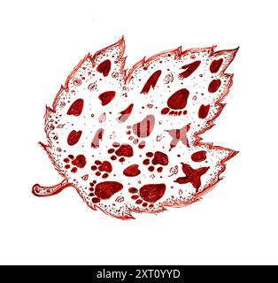 Ein Herbstblatt ist mit verschiedenen Elementen gefüllt. Tierpfoten in verschiedenen Formen, Blättern, Dekor. Kritzeleien. Das Blatt wird mit Kontur gezeichnet. Andere Schattierungen Stockfoto