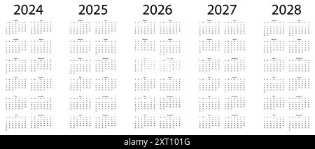 Kalender für das Jahr 2024 2025 2026 2027 2028. Die Woche beginnt am Sonntag. Vektorillustration auf weißem Hintergrund Stock Vektor