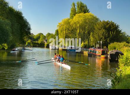 Ruderteams auf der Themse bei Iffley Lock und flussabwärts von Oxford. Es ist früh an einem Sonntagmorgen, aber man kann auf diesem Flussabschnitt zu jeder Jahreszeit, bei Regen oder Sonnenschein, alle Arten von Rudern sehen. Engagierte Seelen. Stockfoto