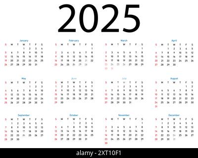 Kalendervorlage für 2025 Jahre. Die Woche beginnt am Sonntag Stock Vektor