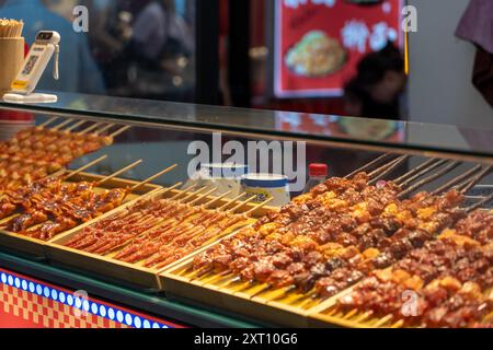 Suzhou, China - 11. Juni 2024 : Eine Nahaufnahme eines Imbissstandes, der verschiedene gegrillte Fleisch- und Meeresfrüchte auf Spießen in Suzhou, China, verkauft. Stockfoto