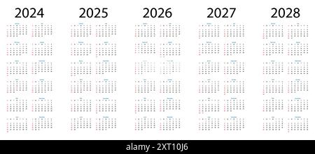 Kalender 2024, 2025, 2026, 2027, 2028. Einfache Entwurfsvorlage für vertikale Kalender Stock Vektor