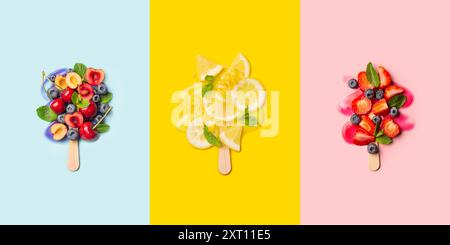 Drei Fruchtsalat-Eis-Eis-Salat-Mid-geschmolzen auf pastellblauen, gelben und rosa Hintergründen. Stockfoto