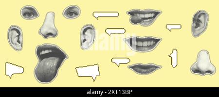 Augen, Lippen, Ohr im Halbton-Stil. Retro-Magazin schneidet Ausschnitte aus. Punk y2k Collage isolierte Stickerelemente. Mund und Zunge auf Gelb Stock Vektor