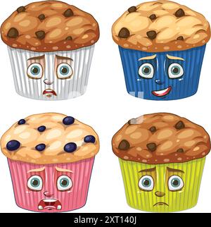 Vier Muffins, die unterschiedliche Emotionen ausdrücken Stock Vektor