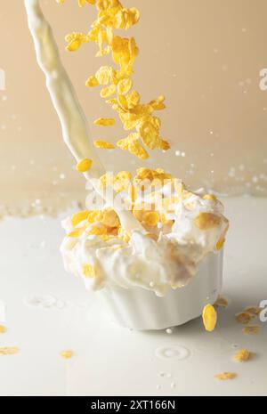 Trockene Honigmaisflocken mit Milchspritzern auf einer Keramikplatte. Flocken mit Bio-Milch. Das Konzept von gesunder Ernährung, vegetarischer und veganer Ernährung fo Stockfoto