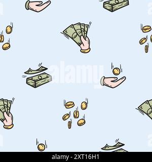 Nahtloses Muster für Geschenkpapier mit Handsymbol mit Scheinen, Münzen, Geld. Abbildung zum Geschäft, zur Finanzierung Stock Vektor