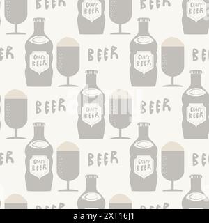 Bierflasche, Gläser und das Wort Bier nahtlose Vektormuster Hintergrund. Handgezeichnete alkoholische Getränkeflaschen, Schaum-Bierbecher und Text-Hintergrund Stock Vektor