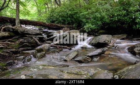 Wunderschöne Landschaft eines Gebirgsbaches, der über Felsen in den Smoky Mountains fließt. Stockfoto