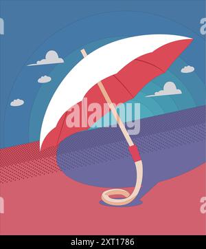 Abstrakter weißer h roter Regenschirm auf dem Hintergrund des Himmels mit Wolken Stock Vektor