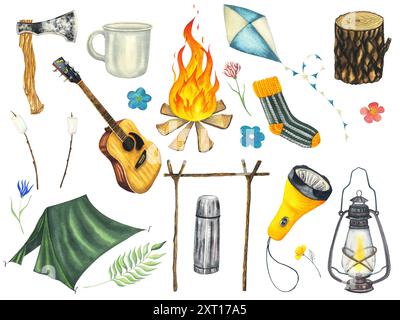 Camping Aquarell Set mit Zeltlagerzelt, Gitarre, Laterne, Thermos, Kite, Socken, Blumen, Axt, Feuer, Kamin, Becher, Becher, Marshmallows am Stock Stockfoto