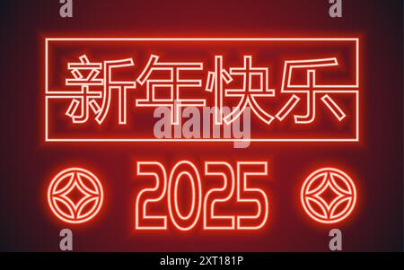 Happy Chinese New Year 2025 Schlangenzeichen, Neon-Design auf farbigem Hintergrund (Chinesische Übersetzung: Happy New Year 2025, Year of the Snake) Stock Vektor