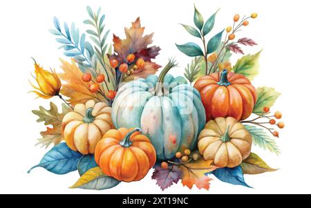 Clipart in Aquarellfarben, Blumenarrangements mit Kürbissen, saisonalen Blumen und Beeren, Herbststrauß, handbemalten orange und blauen Kürbissen Stock Vektor