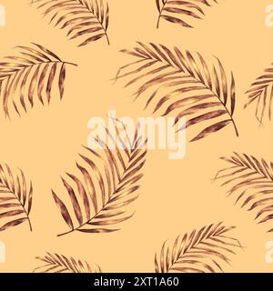 Ein elegantes Design der tropischen Palme hinterlässt ein nahtloses Aquarellmuster auf einem weichen orangefarbenen Hintergrund, das fasziniert Stockfoto