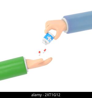 Arzt, der Pillen-Patient gibt. 3D-Illustration, flaches Design. Flasche mit Medikamenten in der Hand halten. Gesundheitskonzept. Nehmen Sie Schmerzmittel ein.3 Stockfoto