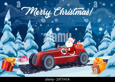 Weihnachtsmann auf Rennwagen mit Geschenkboxen für Winterferien, Zeichentrickvektor-Hintergrund. Frohe Weihnachtsgrußkarte mit Weihnachtsmann, der einen roten Retro-Sportwagen mit Eichhörnchen auf einer verschneiten Waldstraße fährt Stock Vektor
