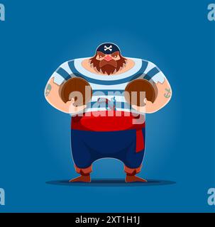Cartoon Pirate oder Korsair Charakter mit großen Rum Fässern, Vektor Seemann Mann Person. Seeräuber oder Bootsfahrer Korsair und Filibuster in Bandana mit gekreuzten Knochen, Muskettenpistole und Rumfässern Stock Vektor