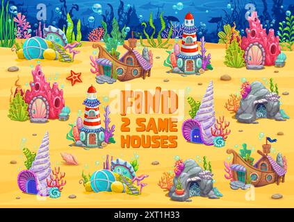 Kinder Spiel Arbeitsblatt, finden zwei gleiche Meer Unterwasser Märchenhäuser Vektor-Puzzle Quiz. Cartoon-Boot, U-Boot, Stein und Leuchtturm, Muscheln und Korallengebäude auf dem Meeresboden passend Puzzle-Spiel Stock Vektor