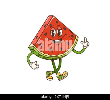 Retro-Cartoon groovige Wassermelone Fruchtscheibe Charakter mit glücklichem Gesicht, Vektor funky Comic. Groovige Wassermelonenstücke mit lustigem Lächeln in Sommerferien und Entspannung, Kinder groovige Frucht Charakter Stock Vektor