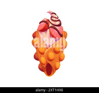 Cartoon Hong Kong Bubble Waffel Fast Food Mahlzeit. Isoliertes Vektoreis mit Schokoladenbelag und Erdbeere. Köstliches Eis in knuspriger Waffelschale, süßes Essen, leckeres Streetfood Dessert Stock Vektor